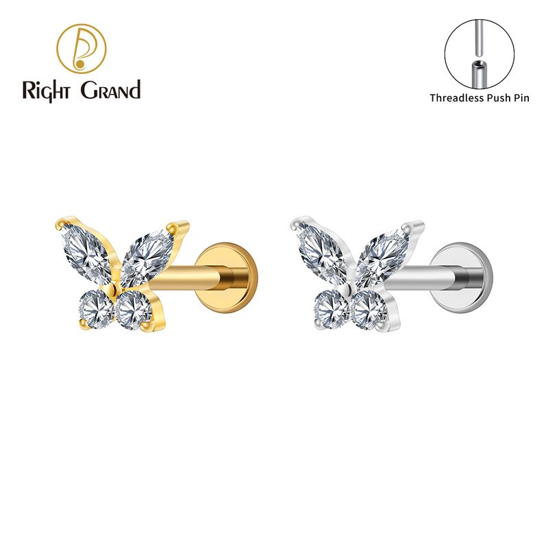 Right Grand Titanium 16G/18G Threadless Push Pin Butterfly CZ Labret Tragus Cartilage Conch Forward Helix Stud Nose Piercing