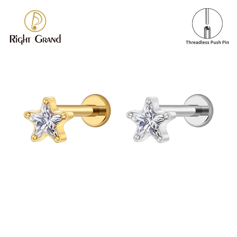Right Grand Titanium 16G/18G Threadless Push Pin Star CZ Flat Back Stud Earring 16G Helix Tragus Cartilage Lip Piercing