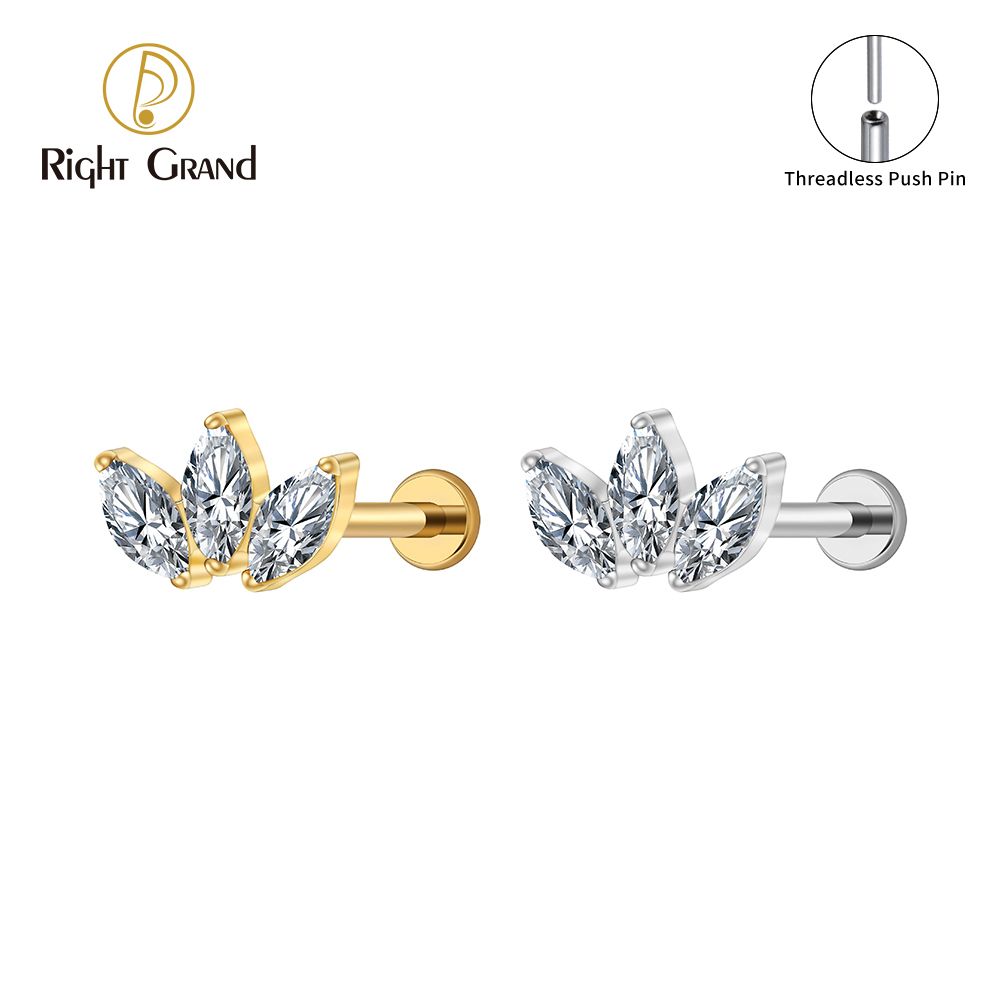 Right Grand Titanium 16G/18G Threadless Push Pin Triple Marquise CZ Stud Earring 16G Trinity Lotus Opal Cluster Cartilage Helix Tragus Piercing