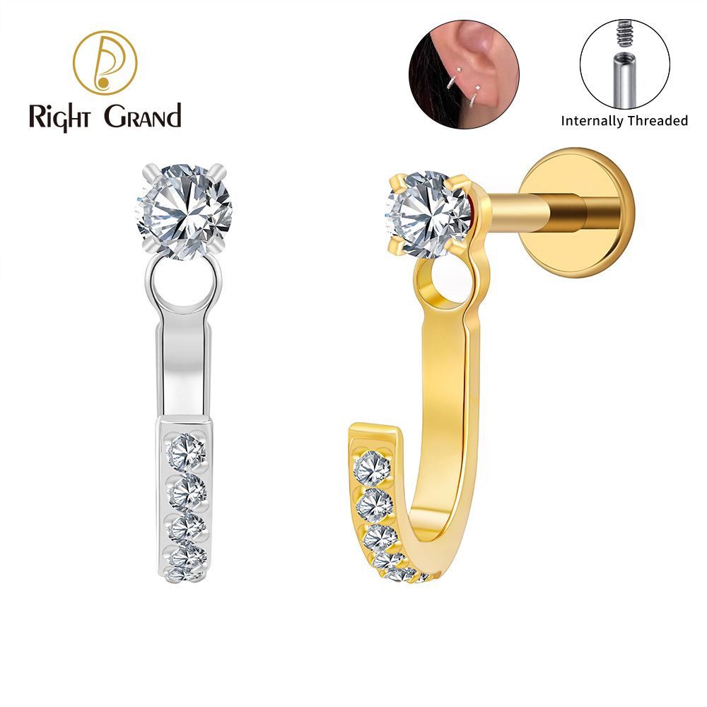 Right Grand Titanium Internal Thread CZ with J shaped Jacket Accessory Labret Ring 16G Flat Back Cartilage Stud Earring Conch Helix Lip Piercing Jewelry