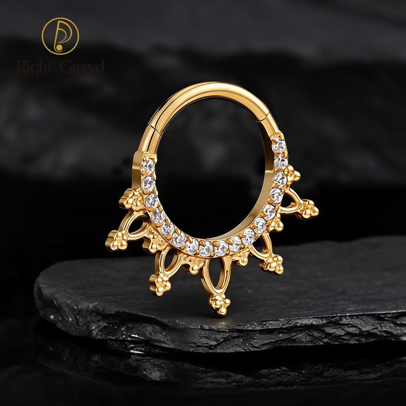 Right Grand Titanium 16G CZ Beads Sparkling Hinged Clicker Segment Hoop Ring Daith Earring Septem Nose Piercing