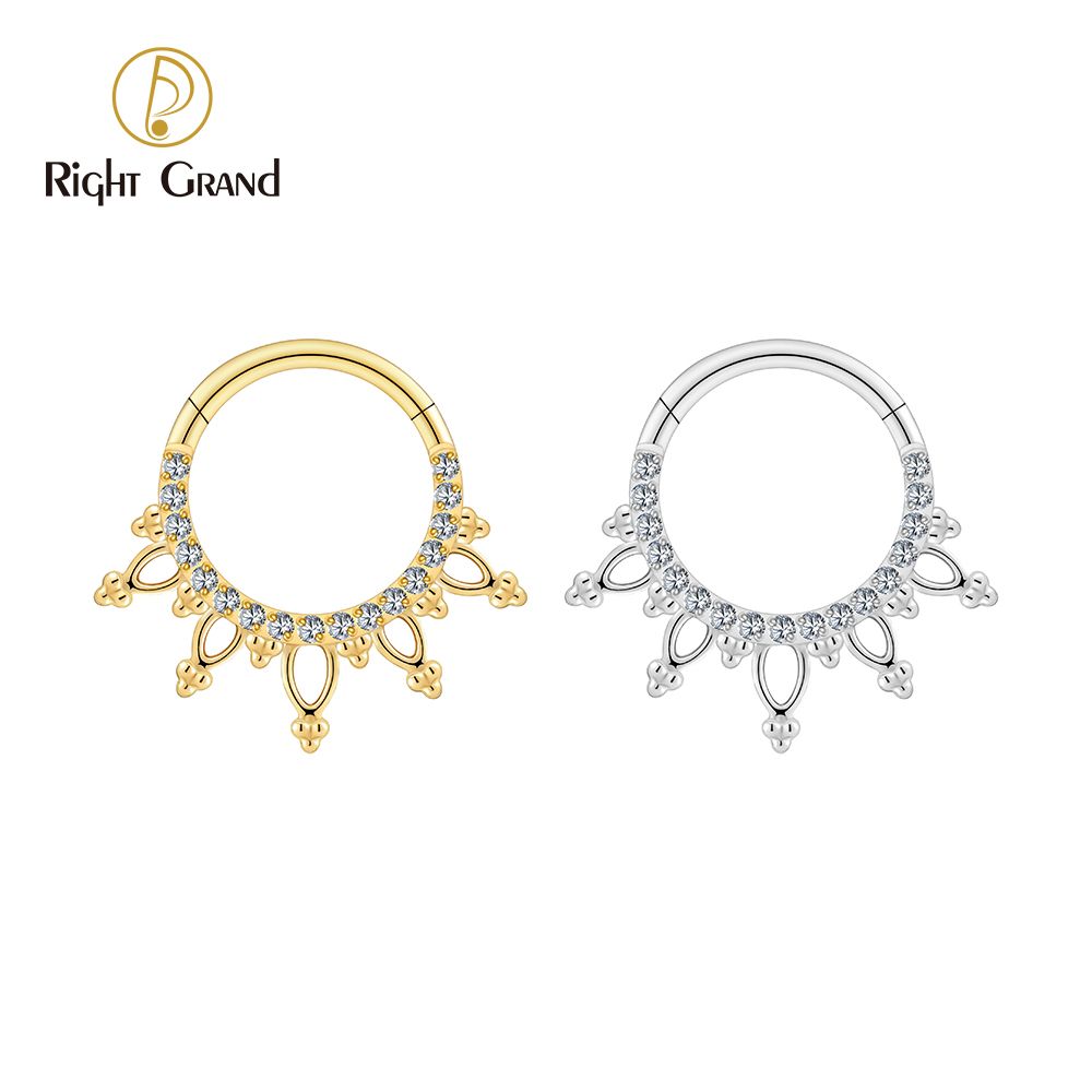 Right Grand Titanium 16G CZ Beads Sparkling Hinged Clicker Segment Hoop Ring Daith Earring Septem Nose Piercing