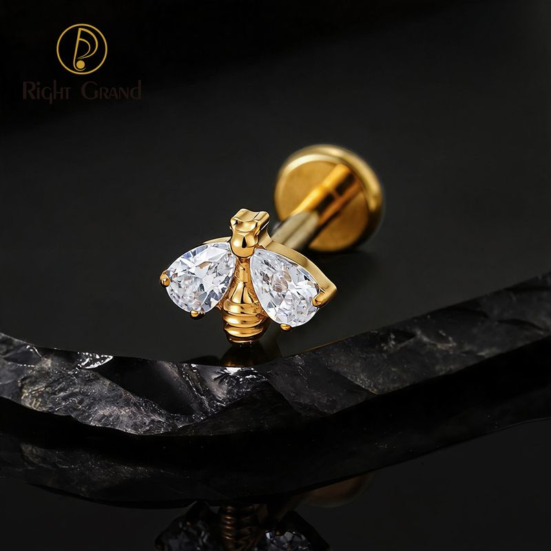 Right Grand Titanium Internal Thread Bee Double Drop CZ Wings Labret Ring 16G Flat Back Cartilage Stud Earring Conch Helix Lip Piercing Jewelry
