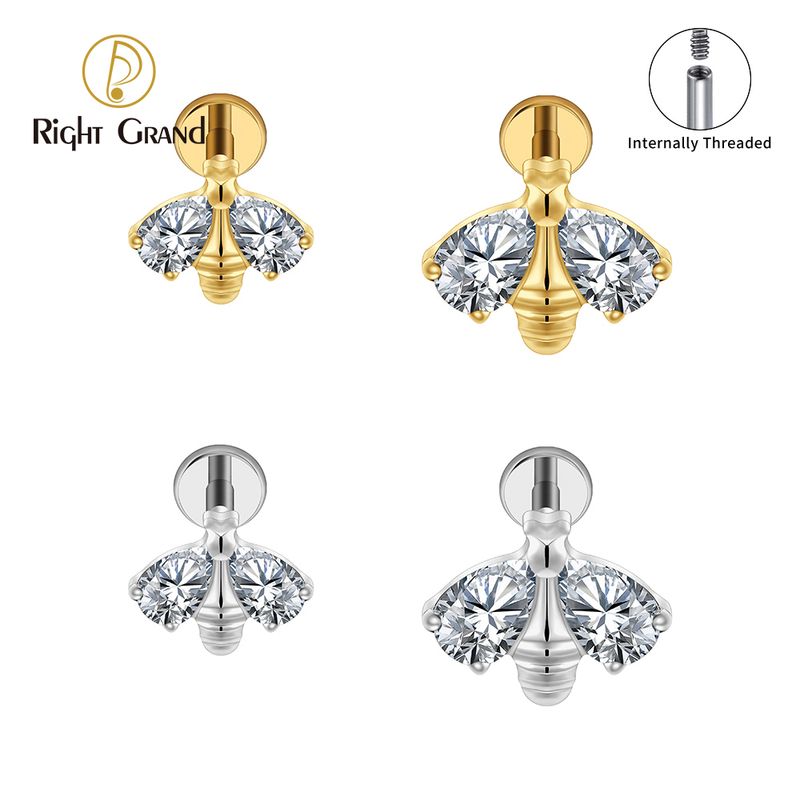 Right Grand Titanium Internal Thread Bee Double Drop CZ Wings Labret Ring 16G Flat Back Cartilage Stud Earring Conch Helix Lip Piercing Jewelry
