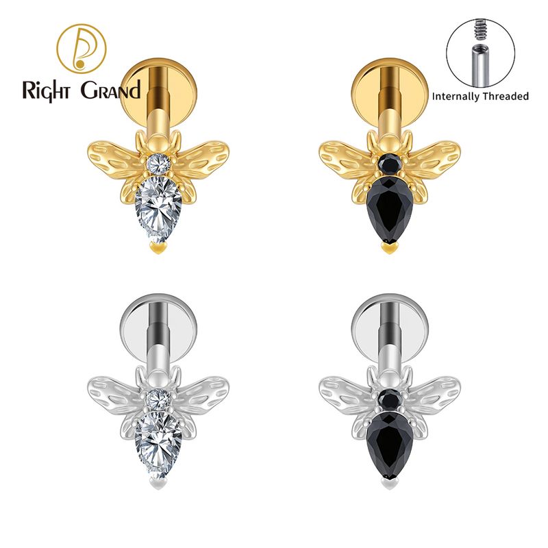 Right Grand Titanium Internal Thread Bee Drop Black CZ Labret Ring 16G Flat Back Cartilage Stud Earring Conch Helix Lip Piercing Jewelry