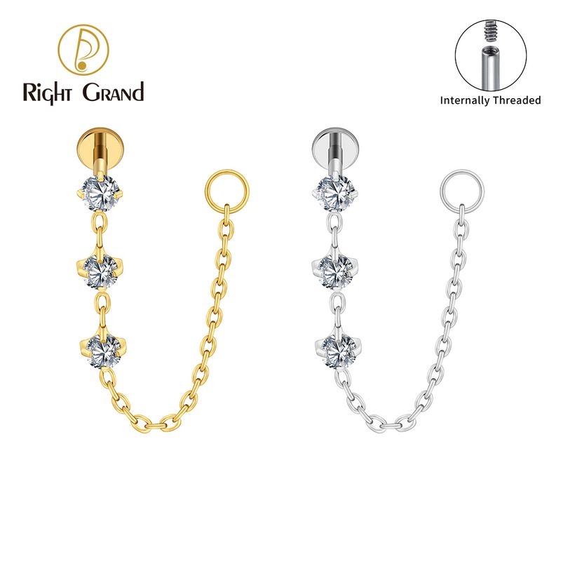 Right Grand Titanium Internal Thread Triple CZ Chain Labret Ring 16G Flat Back Cartilage Stud Earring Conch Helix Lip Piercing Jewelry