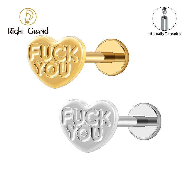 Right Grand Titanium Internal Thread Heart Letter F**K YOU Labret Ring 16G Flat Back Cartilage Stud Earring Conch Helix Lip Piercing Jewelry