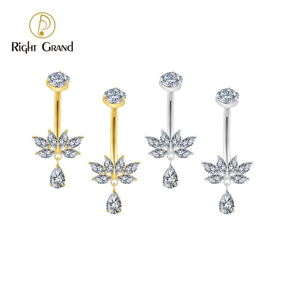 Right Grand Titanium Lotus 6 Marquise CZ Dangle Drop Belly Button Ring 14G Threaded Navel Curved Barbell Piercing Jewelry