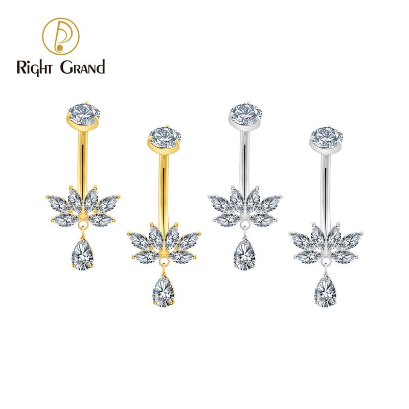 Right Grand Titanium Lotus 6 Marquise CZ Dangle Drop Belly Button Ring 14G Threaded Navel Curved Barbell Piercing Jewelry