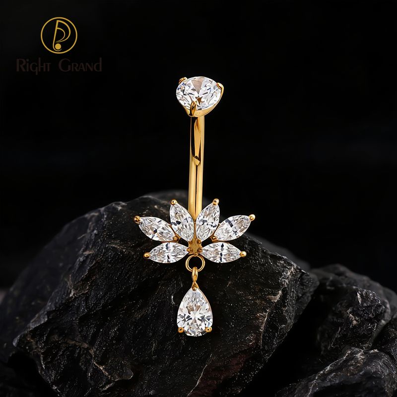 Right Grand Titanium Lotus 6 Marquise CZ Dangle Drop Belly Button Ring 14G Threaded Navel Curved Barbell Piercing Jewelry