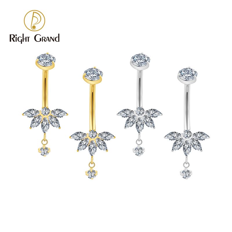 Right Grand Titanium 4 Marquise CZ Dangle Round Belly Button Ring 14G Threaded Navel Curved Barbell Piercing Jewelry