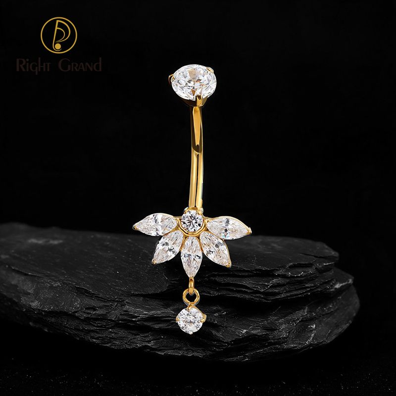 Right Grand Titanium 4 Marquise CZ Dangle Round Belly Button Ring 14G Threaded Navel Curved Barbell Piercing Jewelry