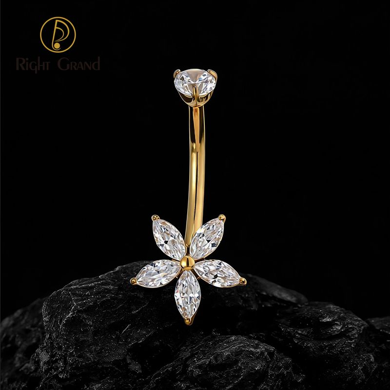 Right Grand Titanium Flower 5 Marquise CZ Belly Button Ring 14G Threaded Navel Curved Barbell Piercing Jewelry