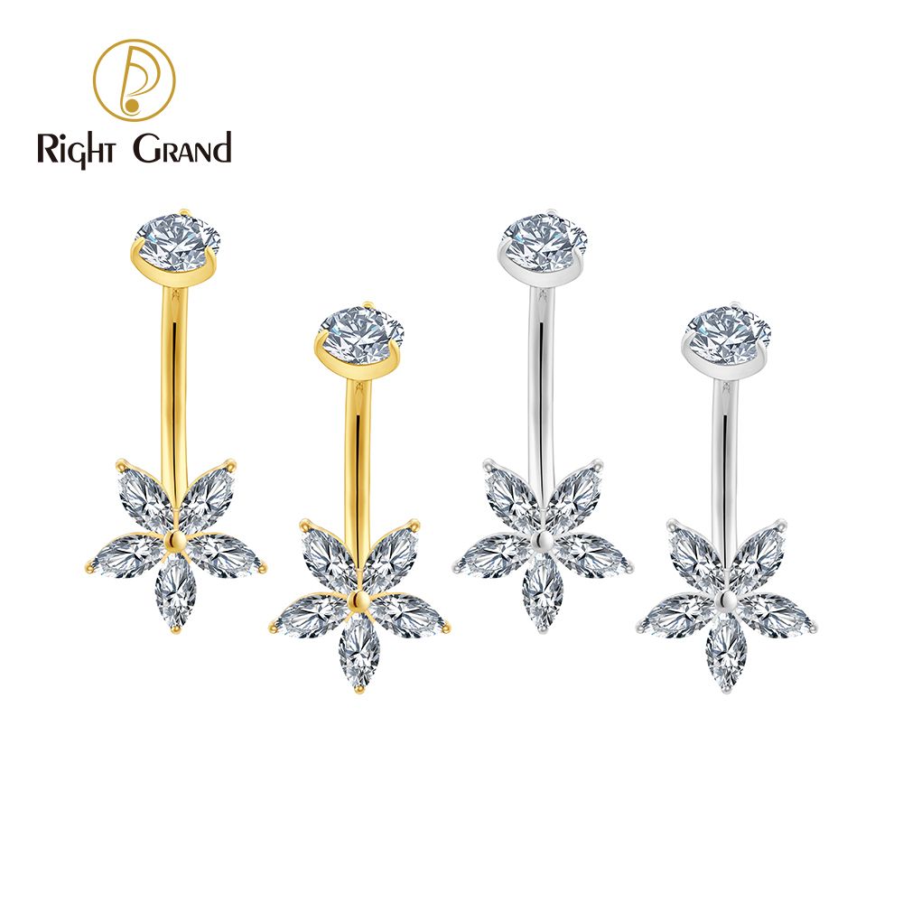 Right Grand Titanium Flower 5 Marquise CZ Belly Button Ring 14G Threaded Navel Curved Barbell Piercing Jewelry