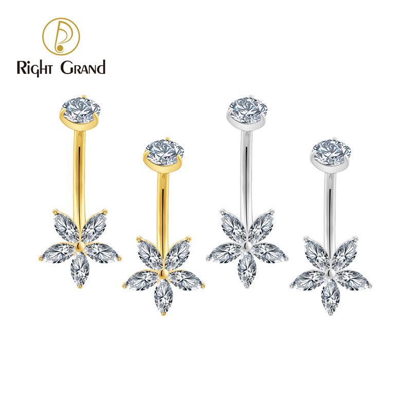Right Grand Titanium Flower 5 Marquise CZ Belly Button Ring 14G Threaded Navel Curved Barbell Piercing Jewelry