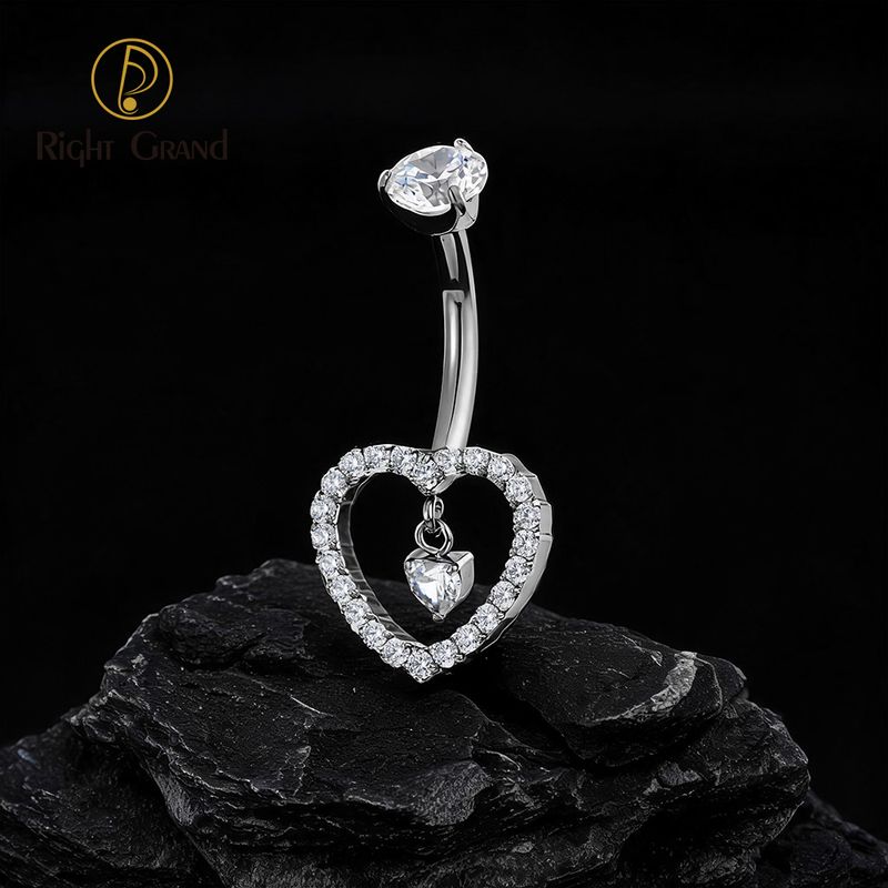Right Grand Titanium Hollowed CZ Heart Dangle Belly Button Ring 14G Threaded Navel Curved Barbell Piercing Jewelry