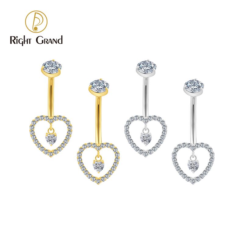 Right Grand Titanium Hollowed CZ Heart Dangle Belly Button Ring 14G Threaded Navel Curved Barbell Piercing Jewelry