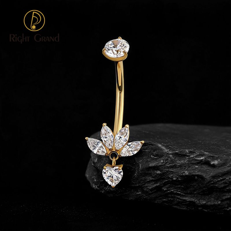 Right Grand Titanium Lotus 4 Marquise CZ Dangle Heart Belly Button Ring 14G Threaded Navel Curved Barbell Piercing Jewelry