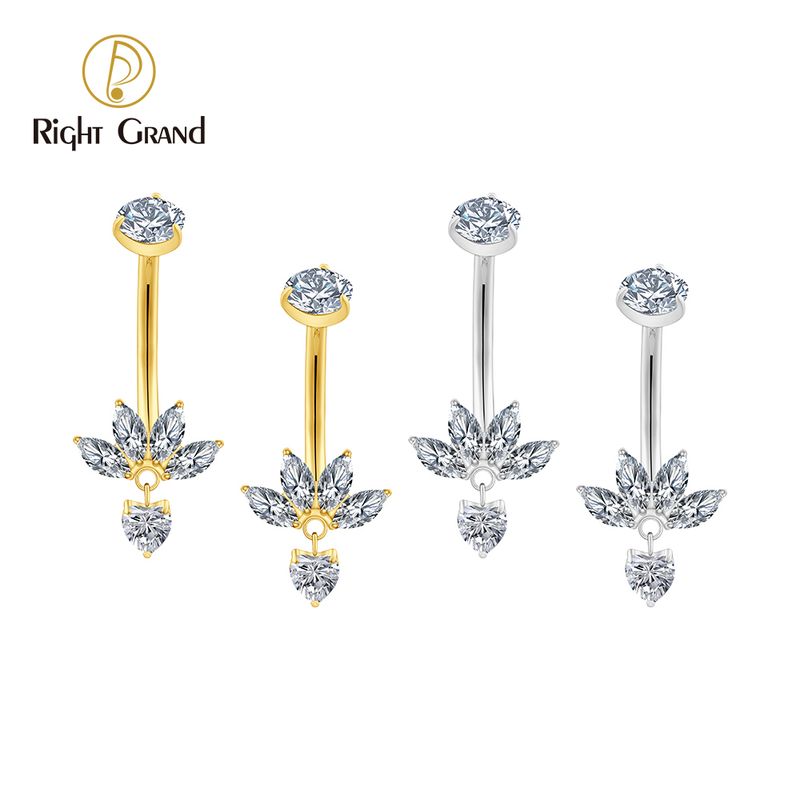 Right Grand Titanium Lotus 4 Marquise CZ Dangle Heart Belly Button Ring 14G Threaded Navel Curved Barbell Piercing Jewelry