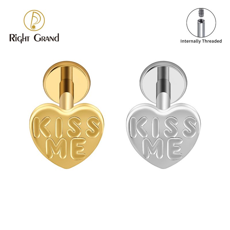 Right Grand Titanium Internal Thread Heart Letter KISS ME Labret Ring 16G Flat Back Cartilage Stud Earring Conch Helix Lip Piercing Jewelry