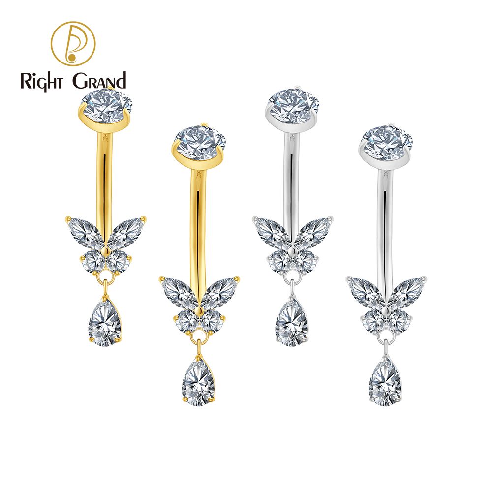 Right Grand Titanium Butterfly CZ Dangle Drop Belly Button Ring 14G Threaded Navel Curved Barbell Piercing Jewelry