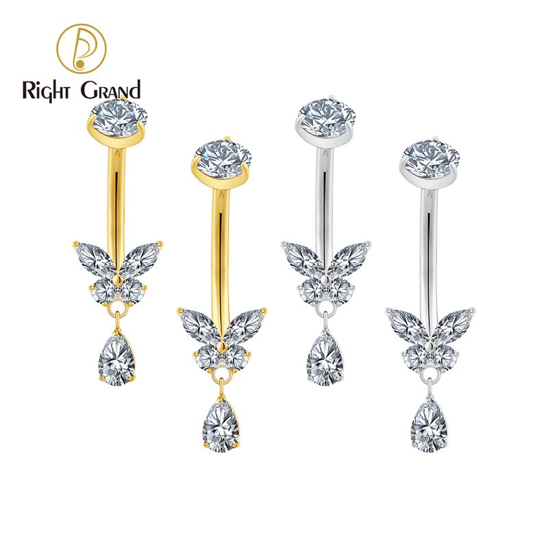 Right Grand Titanium Butterfly CZ Dangle Drop Belly Button Ring 14G Threaded Navel Curved Barbell Piercing Jewelry