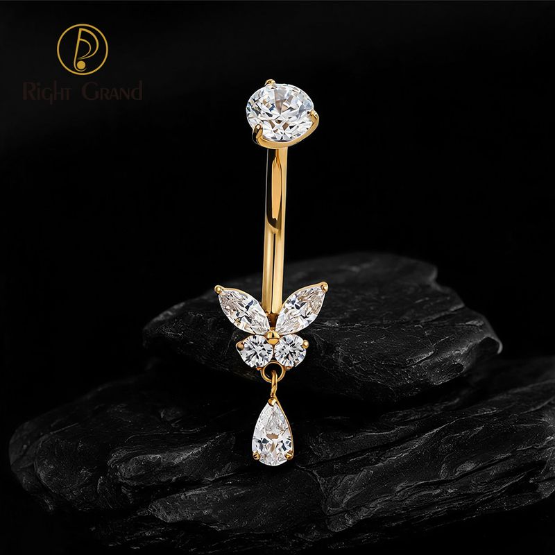 Right Grand Titanium Butterfly CZ Dangle Drop Belly Button Ring 14G Threaded Navel Curved Barbell Piercing Jewelry