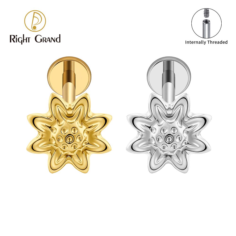 Right Grand Titanium Internal Thread Daisy Flower Labret Ring 16G Flat Back Cartilage Stud Earring Conch Helix Lip Piercing Jewelry