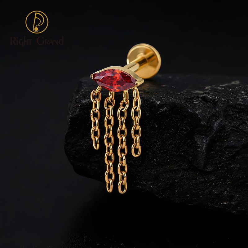 Right Grand Titanium Internal Thread Marquise CZ Chain Tassel Labret Ring 16G Flat Back Cartilage Stud Earring Conch Helix Lip Piercing Jewelry
