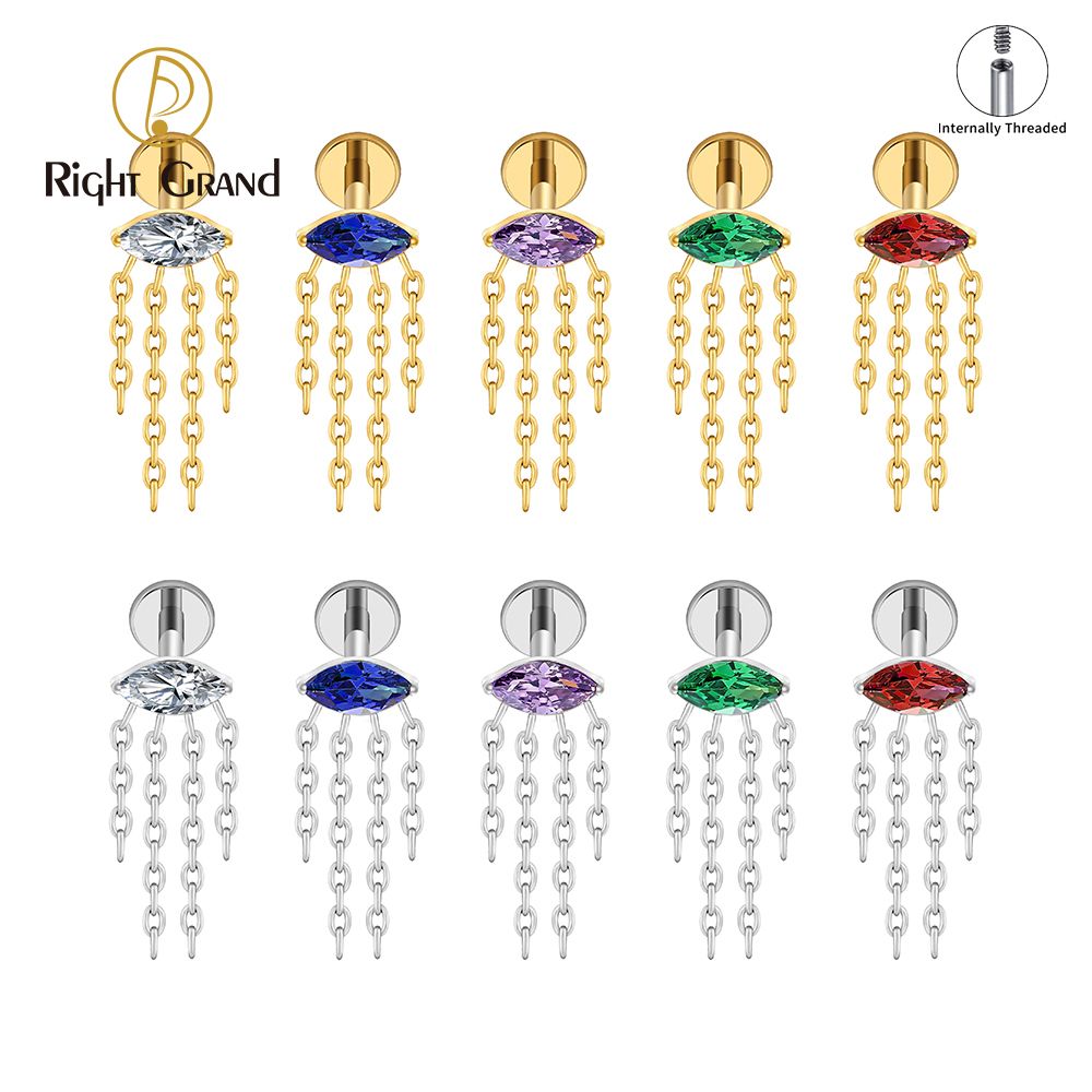 Right Grand Titanium Internal Thread Marquise CZ Chain Tassel Labret Ring 16G Flat Back Cartilage Stud Earring Conch Helix Lip Piercing Jewelry