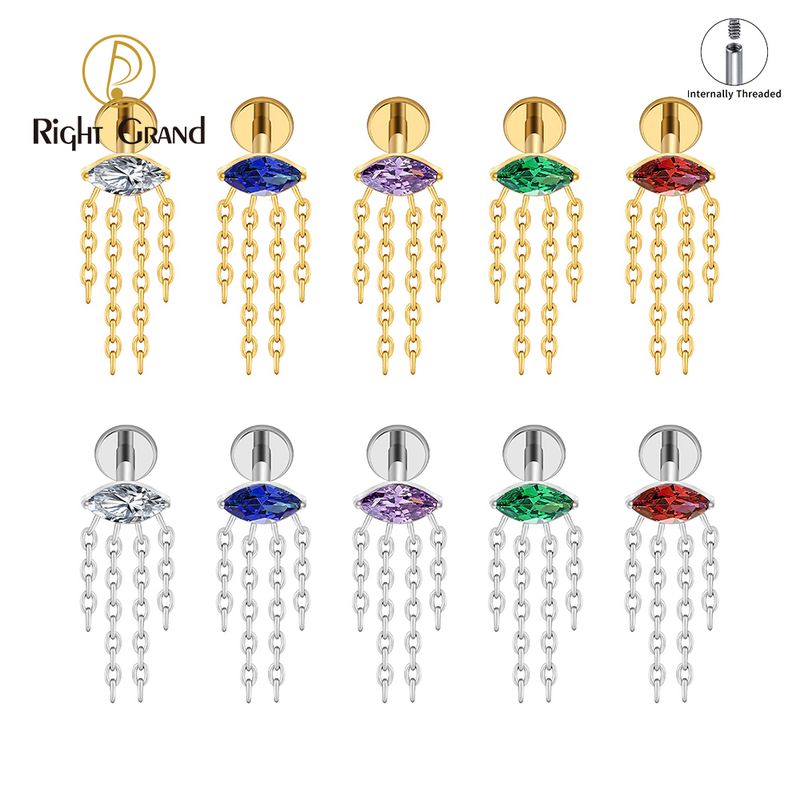 Right Grand Titanium Internal Thread Marquise CZ Chain Tassel Labret Ring 16G Flat Back Cartilage Stud Earring Conch Helix Lip Piercing Jewelry