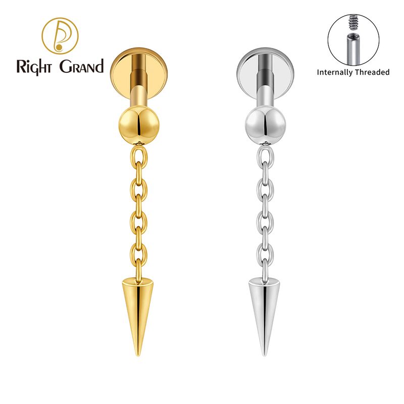 Right Grand Titanium Internal Thread Ball Chain Cone Drop Labret Ring 16G Flat Back Cartilage Stud Earring Conch Helix Lip Piercing Jewelry