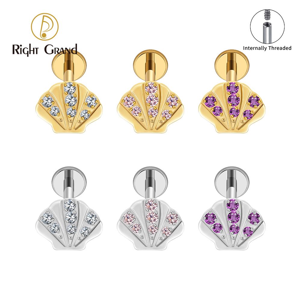 Right Grand Titanium Internal Thread Seashell CZ Labret Ring 16G Flat Back Cartilage Stud Earring Conch Helix Lip Piercing Jewelry