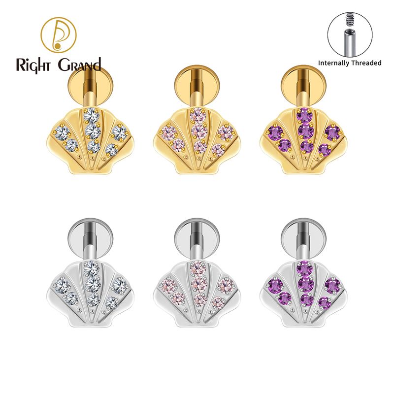 Right Grand Titanium Internal Thread Seashell CZ Labret Ring 16G Flat Back Cartilage Stud Earring Conch Helix Lip Piercing Jewelry