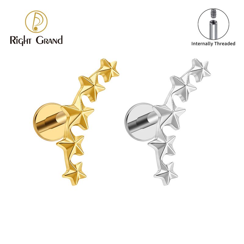 Right Grand Titanium Internal Thread 5 Star Serial Labret Ring 16G Flat Back Cartilage Stud Earring Conch Helix Lip Piercing Jewelry