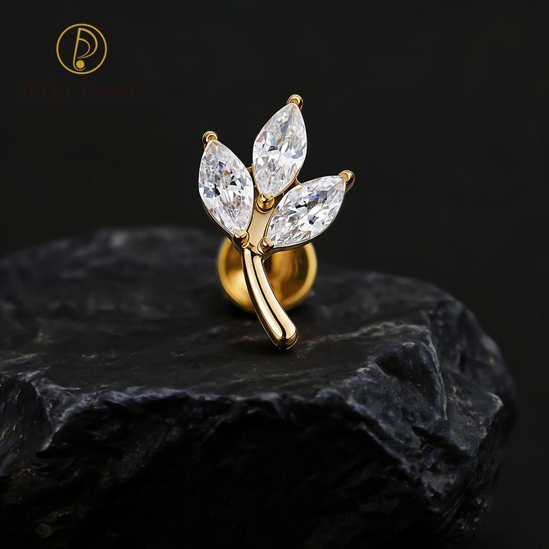 Right Grand Titanium Internal Thread Leaf Marquise CZ Labret Ring 16G Flat Back Cartilage Stud Earring Conch Helix Lip Piercing Jewelry