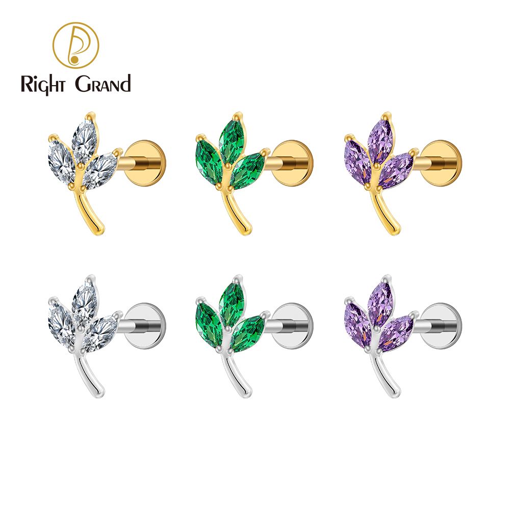 Right Grand Titanium Internal Thread Leaf Marquise CZ Labret Ring 16G Flat Back Cartilage Stud Earring Conch Helix Lip Piercing Jewelry