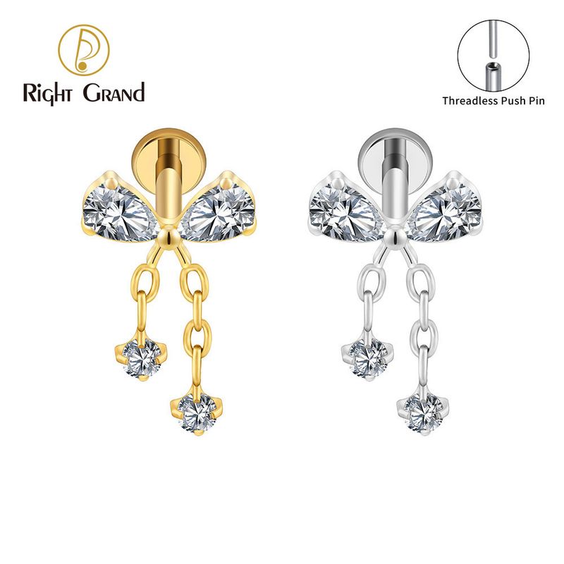 Right Grand Titanium 16G/18G Threadless Push Pin Bowknot CZ Dangle Chain Labret Ring 16G Flat Back Cartilage Stud Earring Conch Helix Lip Piercing Jewelry