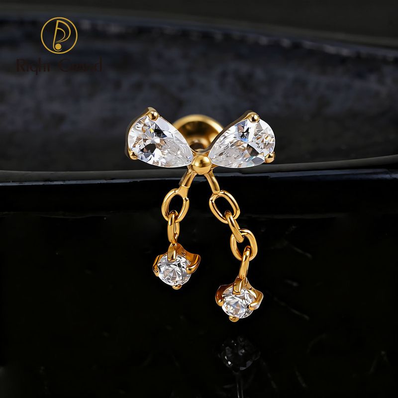 Right Grand Titanium 16G/18G Threadless Push Pin Bowknot CZ Dangle Chain Labret Ring 16G Flat Back Cartilage Stud Earring Conch Helix Lip Piercing Jewelry