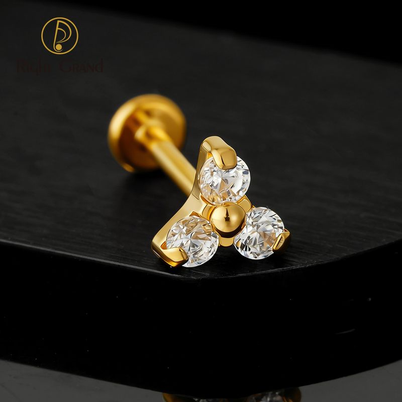 Right Grand Titanium Threadless Push Pin 18G&amp;16G Trinity Flower CZ Gem Tragus Labret