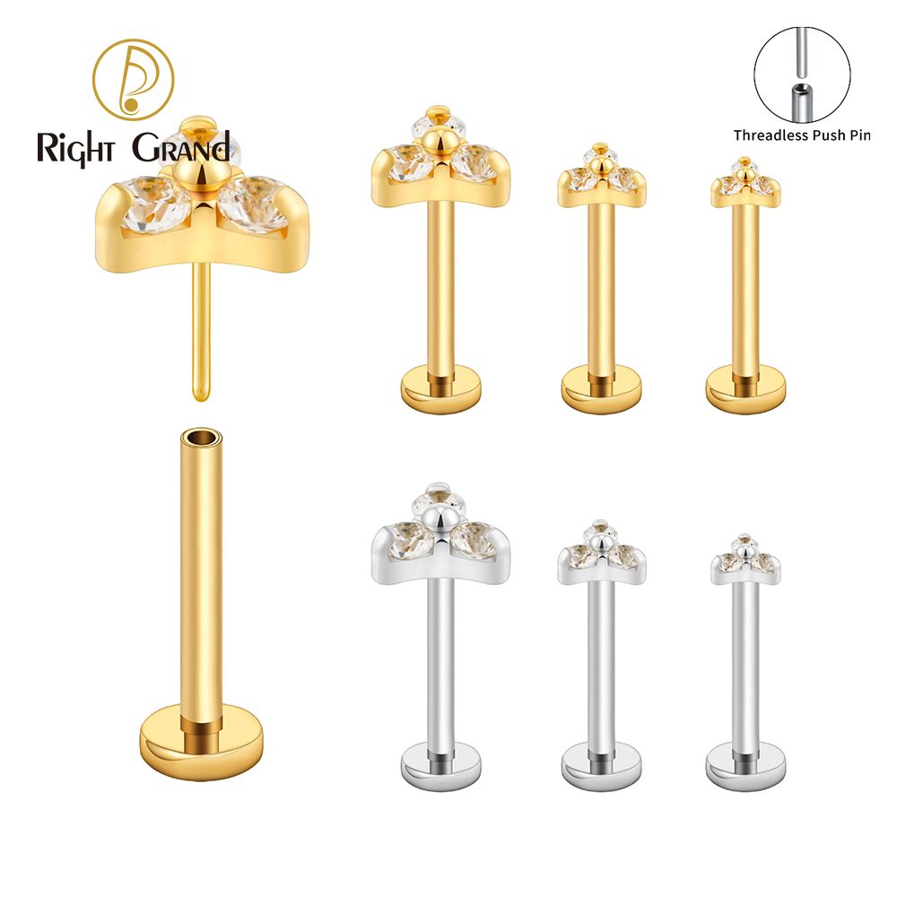 Right Grand Titanium Threadless Push Pin 18G&amp;16G Trinity Flower CZ Gem Tragus Labret