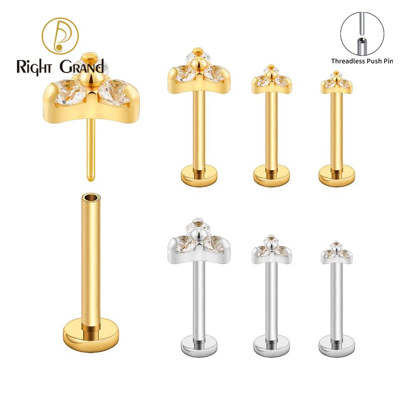 Right Grand Titanium Threadless Push Pin 18G&amp;16G Trinity Flower CZ Gem Tragus Labret