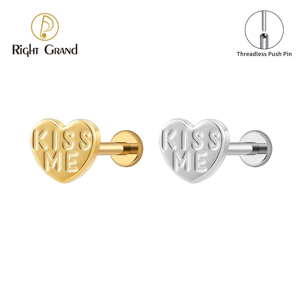 Right Grand Titanium 16G/18G Threadless Push Pin Heart Letter KISS ME Labret Ring 16G Flat Back Cartilage Stud Earring Conch Helix Lip Piercing Jewelry