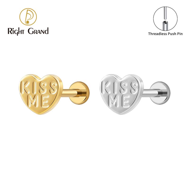 Right Grand Titanium 16G/18G Threadless Push Pin Heart Letter KISS ME Labret Ring 16G Flat Back Cartilage Stud Earring Conch Helix Lip Piercing Jewelry