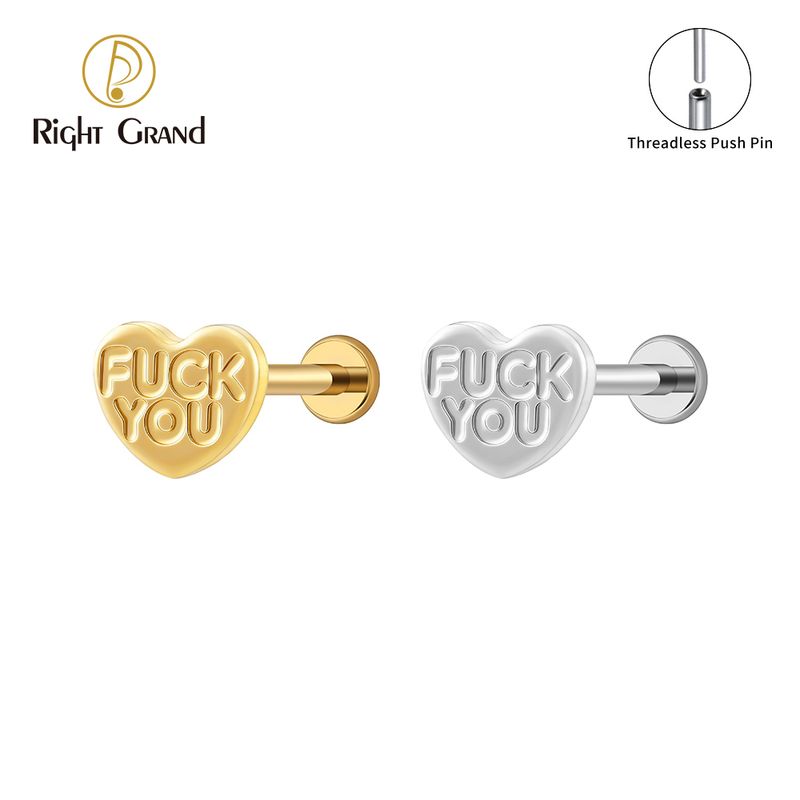 Right Grand Titanium 16G/18G Threadless Push Pin Heart Letter F**K YOU Labret Ring 16G Flat Back Cartilage Stud Earring Conch Helix Lip Piercing Jewelry
