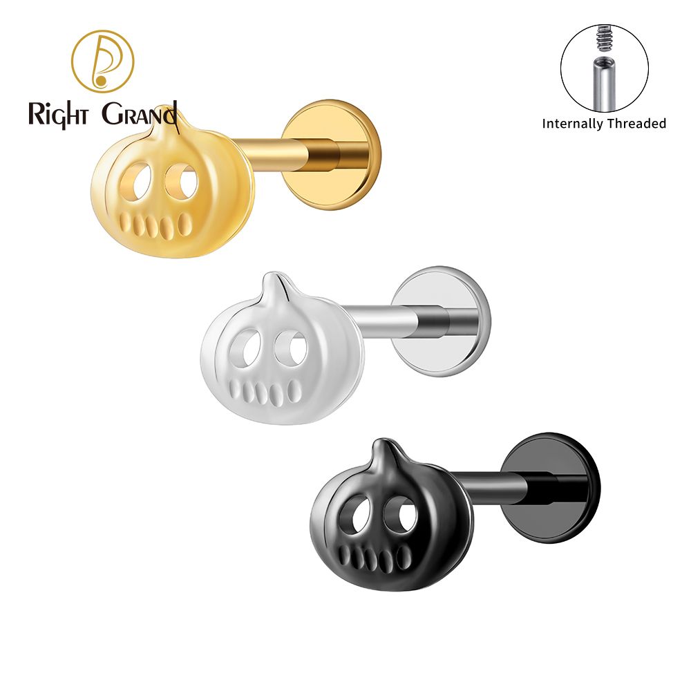 Right Grand Titanium Internal Thread Halloween Pumpkin Ghost Punk Labret Ring 16G Flat Back Cartilage Stud Earring Conch Helix Lip Piercing Jewelry