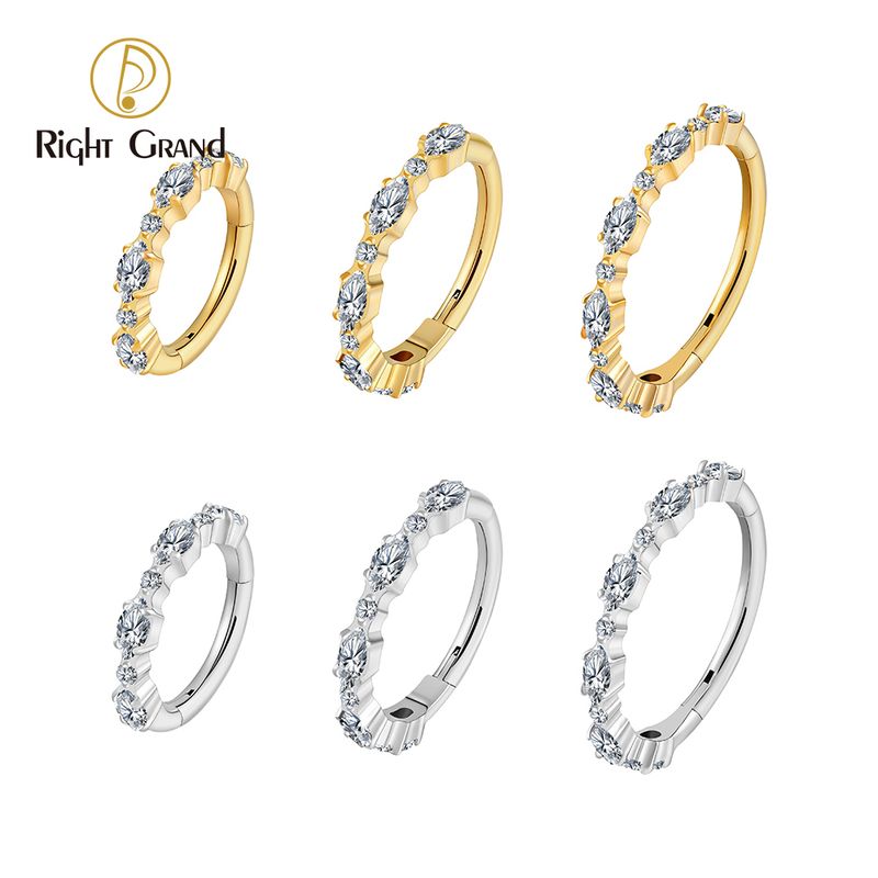 Right Grand Titanium 16G CZ Round &amp; Marquise Hinged Clicker Segment Hoop Ring Daith Earring Septem Nose Piercing