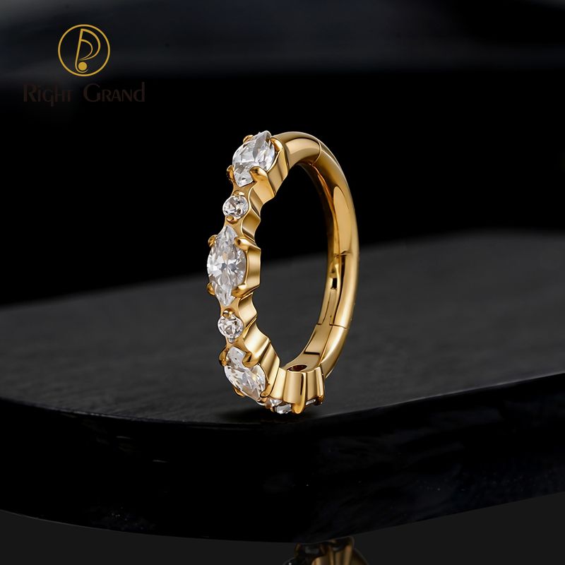 Right Grand Titanium 16G CZ Round &amp; Marquise Hinged Clicker Segment Hoop Ring Daith Earring Septem Nose Piercing