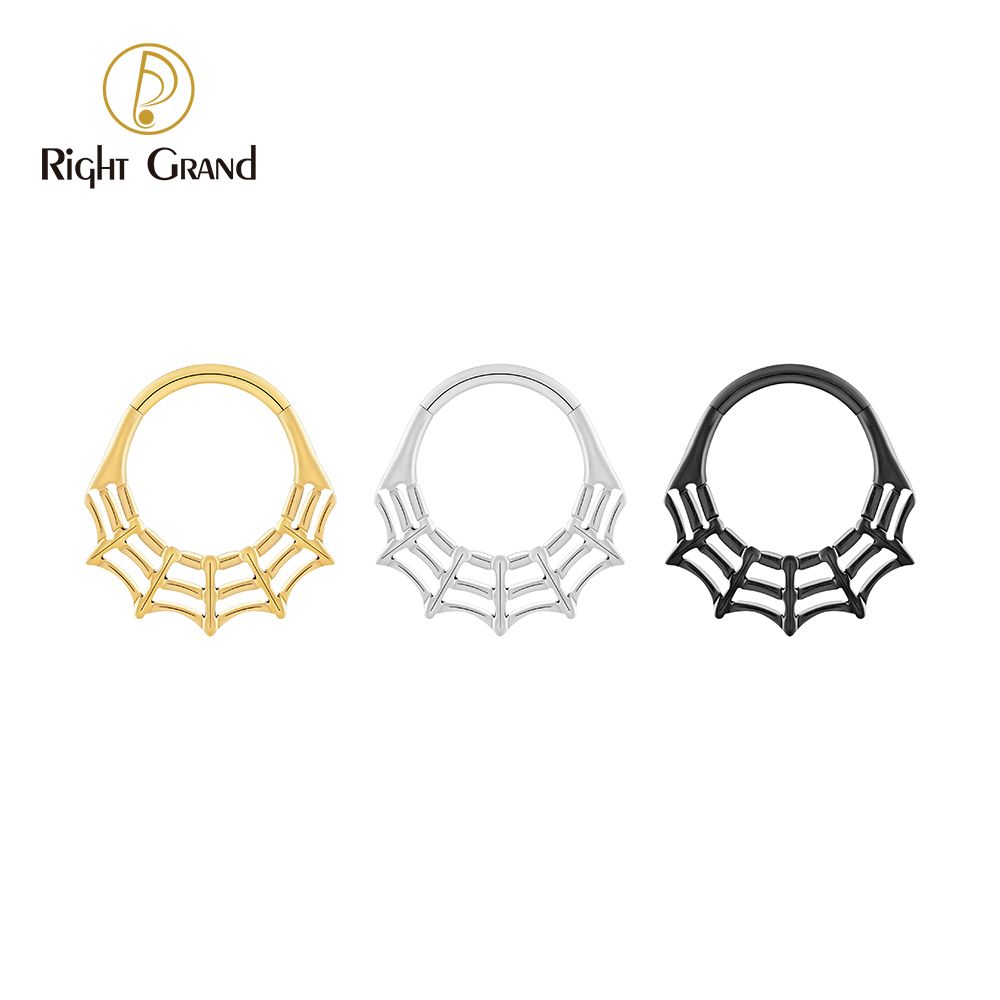 Right Grand Titanium 16G CZ Spider Web Hinged Clicker Segment Hoop Ring Daith Earring Septem Nose Piercing