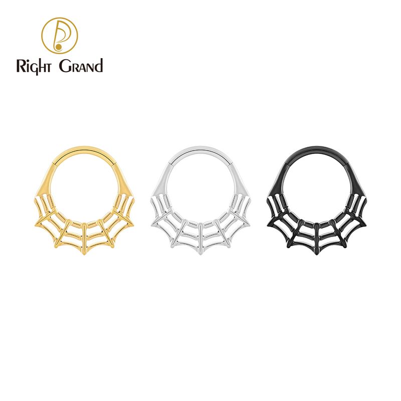Right Grand Titanium 16G CZ Spider Web Hinged Clicker Segment Hoop Ring Daith Earring Septem Nose Piercing